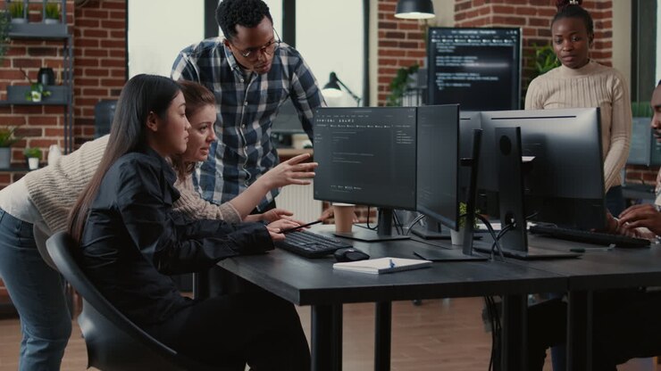 Programmers collaborating on group project compiling algorithm for new cloud computing user interface
