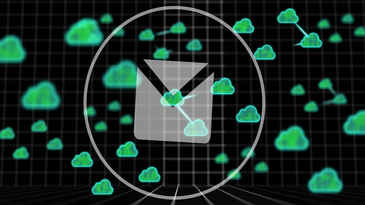 Animation of email icon, data processing and clouds over dark background