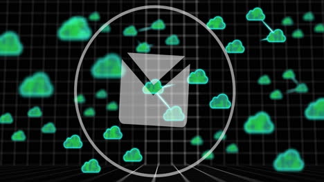 animation of email icon, data processing and clouds over dark background