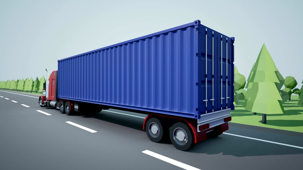 뒷면 카메라는 40피트 컨테이너를 화물 트레일러에 탑재하고 고속도로에서 운전하는 미국 세미 트럭을 따라갑니다.