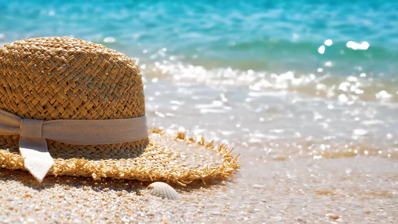 Un Bellissimo Cappello di Paglia che Riposa sulla Riva di una Spiaggia Sabbiosa con Onde Leggere e Acqua Scintillante sullo Sfondo, Catturando l'Essenza di una Rilassante Giornata Estiva