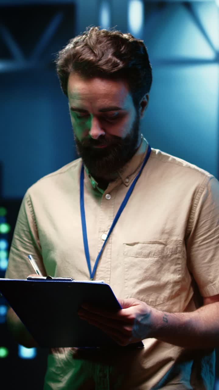 Vertical video Expert doing inspection in data center