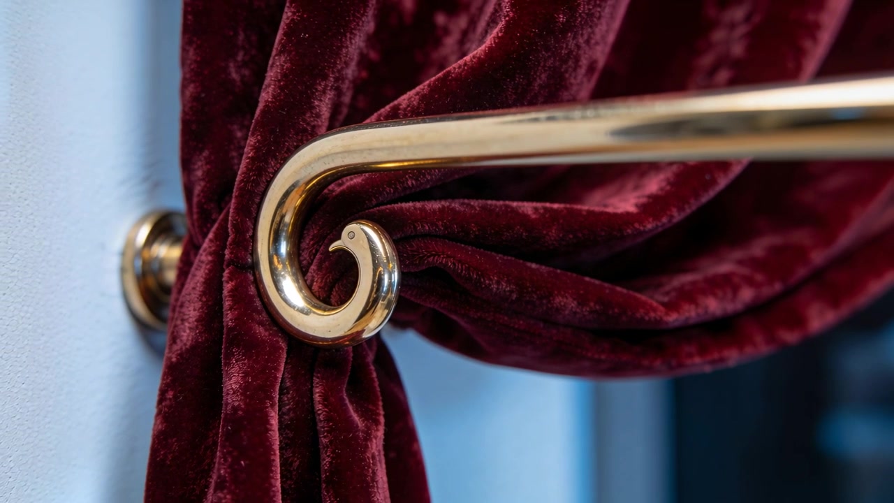 Shifting camera capturing burgundy velvet drape on brass holdback on blue wall, showing texture