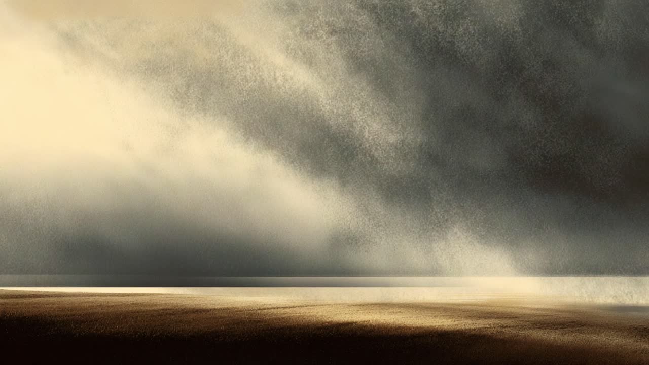 A Transformative Landscape: The Changeable Nature of Light and Mood in a Dynamic Seascape Where Dark Storm Clouds Loom Over Bright Sands and Reflective Water