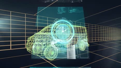 animation of clock and data processing on screens over 3d drawing model of van and grid