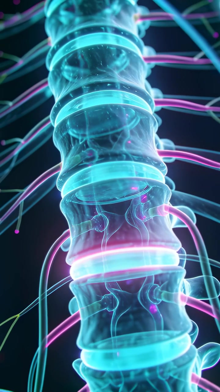 Vertical video: Panning cam urging spine pulsing and showing cyan discs, pink nerves in dark field