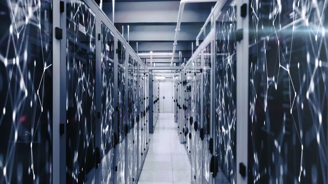 Animering av grafer og dataspråk over sammenkoblede punkter mot serverrom i bakgrunnen