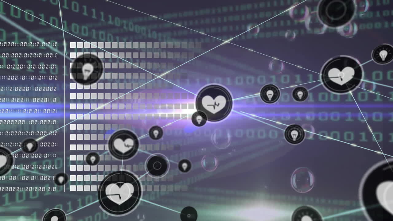 검은색 배경에 데이터 처리에 대한 아이콘으로 연결 네트워크의 애니메이션