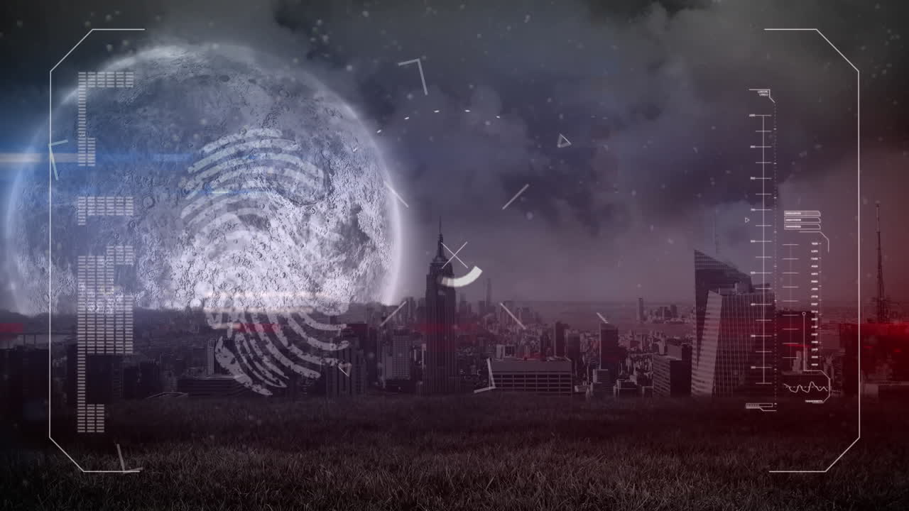 도시 풍경 위의 데이터 처리 애니메이션