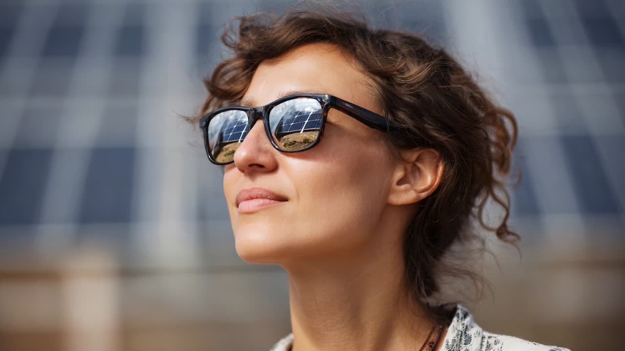 A woman wearing sunglasses gazes thoughtfully towards a sustainable energy source, with reflections of solar panels illuminating her face, embodying hope and environmental awareness