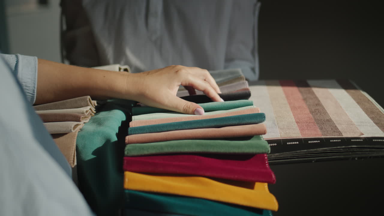 A woman chooses textiles for repair in the house, compares with images of wallpaper, selects color and shade