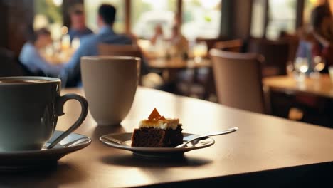 a cup of coffee and cake in a cafe