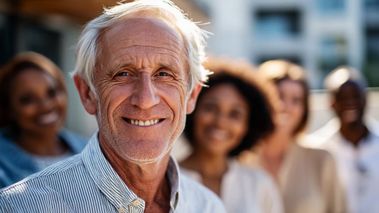 A joyful older man beams with a warm smile in the foreground, surrounded by a diverse group of people with happy expressions, showcasing a moment of connection and positivity in a vibrant outdoor setting