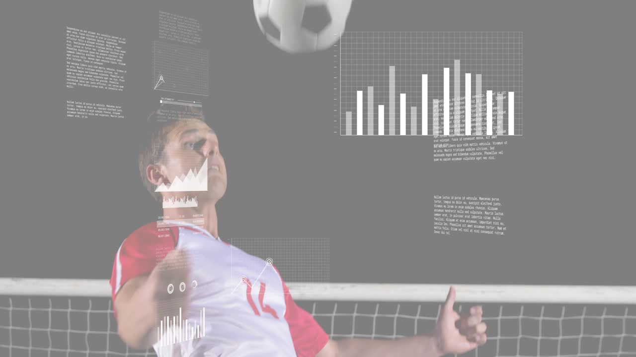 Soccer athlete chesting ball before net, data overlays animating and updating metrics on ball entry
