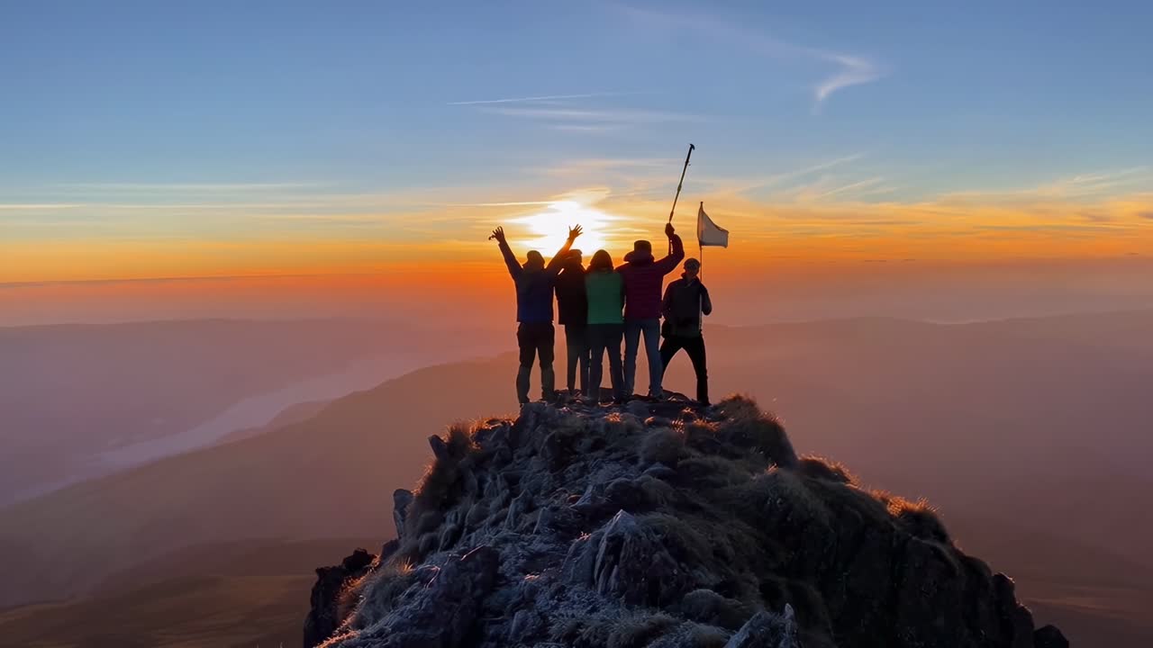 Group of Friends Celebrating on Mountain Peak at Sunset