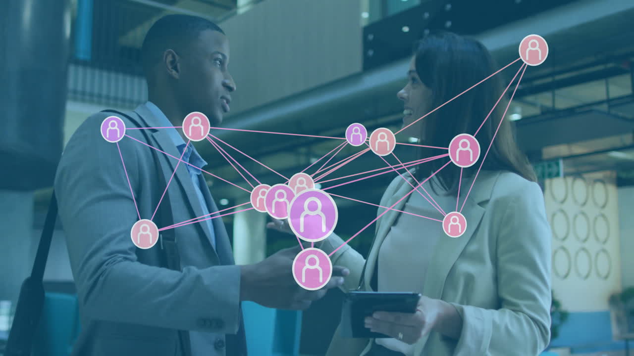 Discussing with network connections, business professionals in office with animation overlay