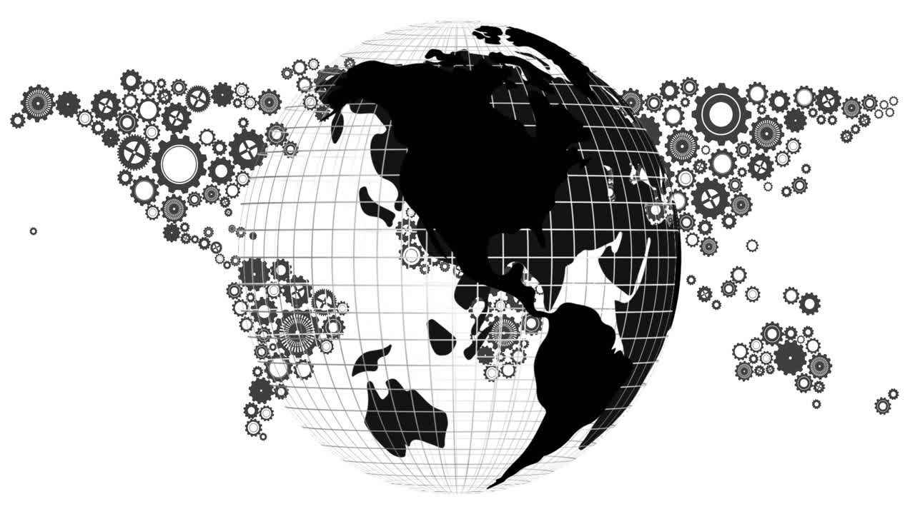 Animating gears and cogs over globe with grid lines in background