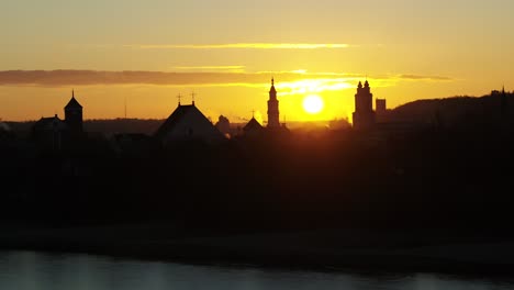 Drone-aerial-view-of-Kaunas-old-town-towers