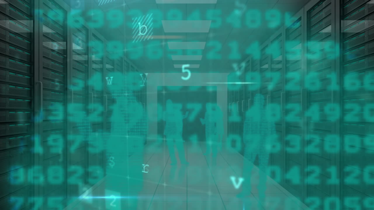 Animation of cyber attack warning over silhouettes of people in server room