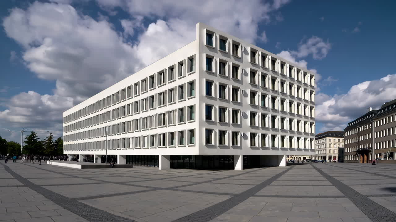 Modern White Building on an Urban Square