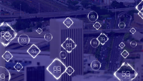 animación de textos 6g sobre el paisaje urbano