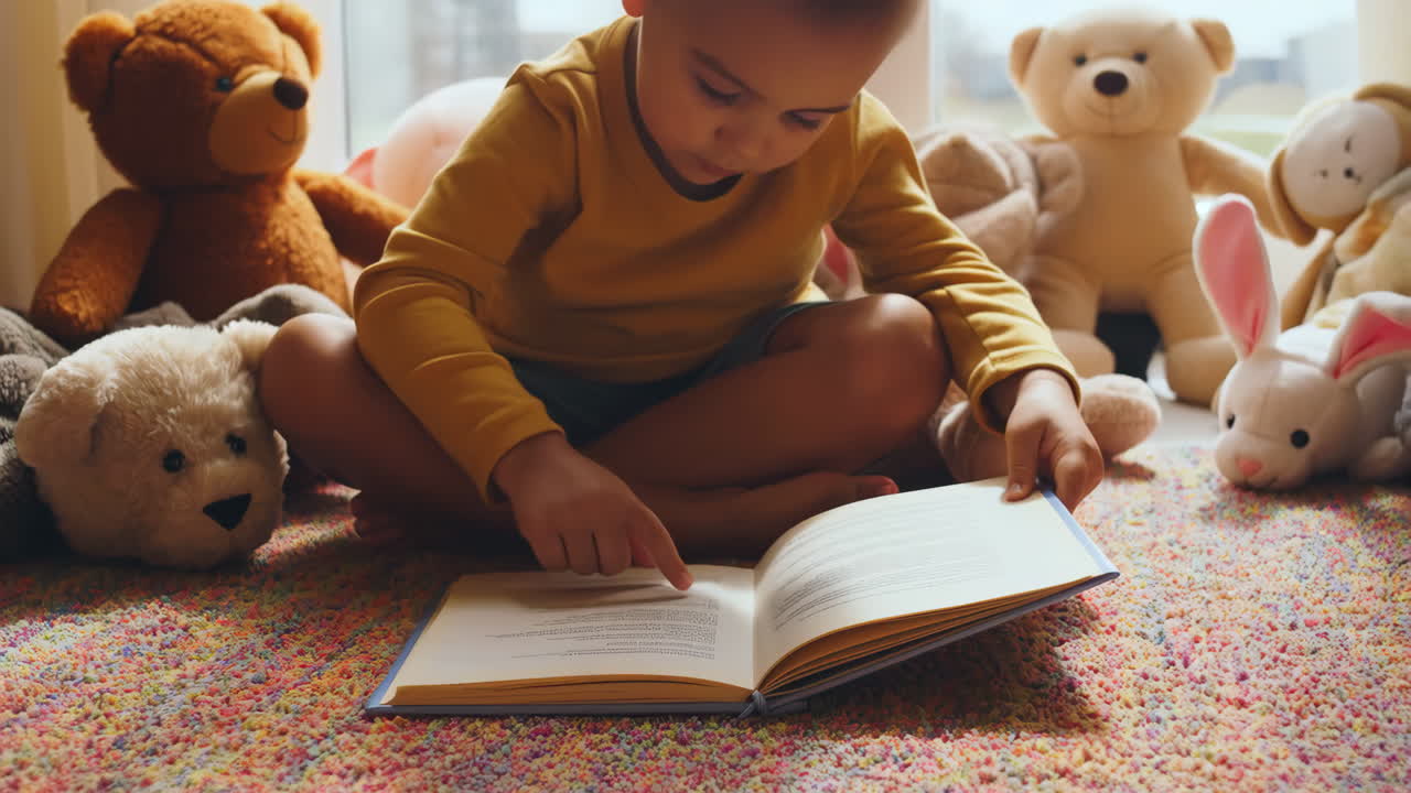 Child Reading a Book Surrounded by Stuffed Animals