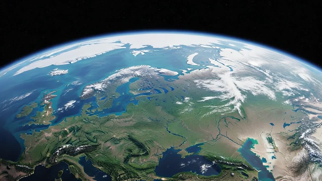A Stunning Aerial View of Earth Highlighting the Vastness of Europe and the Natural Beauty of the Polar Regions, Captured from Outer Space