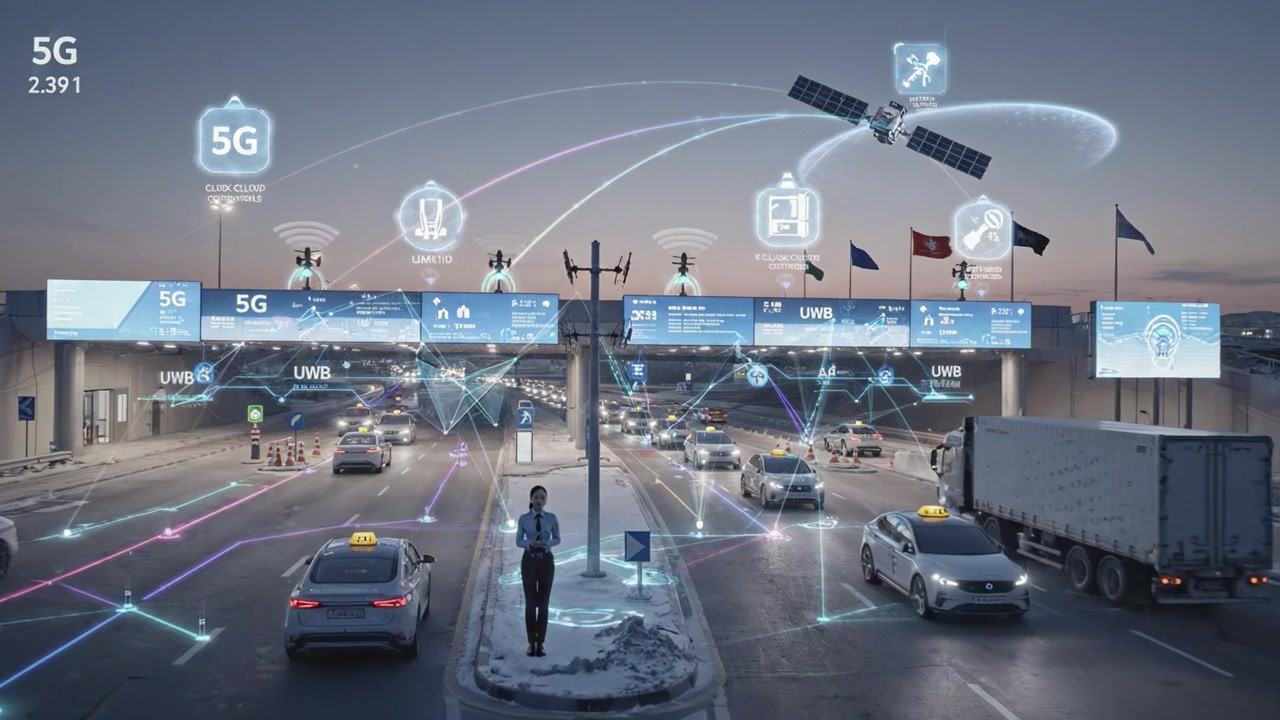 Una scena urbana dinamica che mostra segnaletica di connettività avanzata e flusso di traffico con integrazione della tecnologia 5G dall'alto in un ambiente al tramonto.