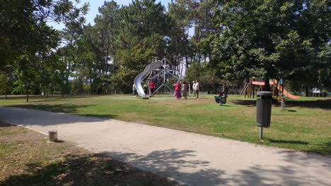 Familias-Con-Niños-Jugando-En-El-Tobogán-Del-Parque-Público-Con-Sus-Jardines-Y-árboles-En-Una-Soleada-Mañana-De-Verano