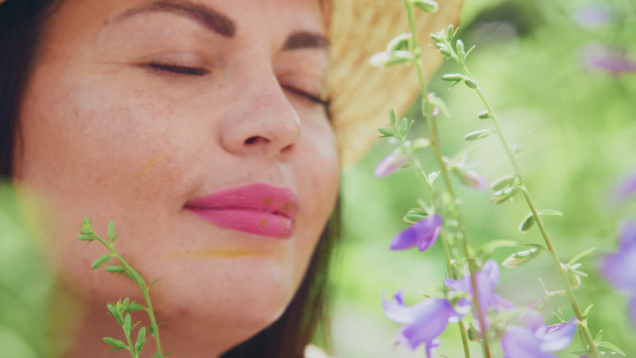 Woman enjoying the flowers in a garden