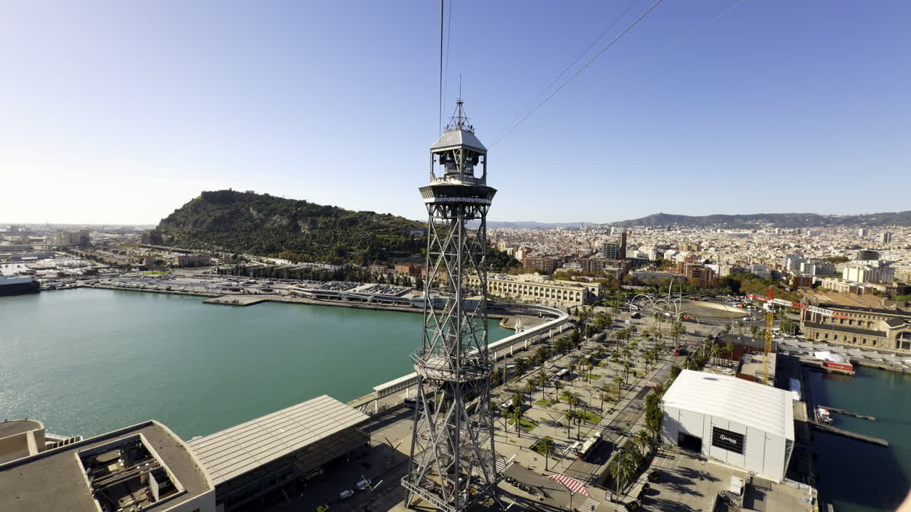 Aerial View of Barcelona Cable Car Tower and Port