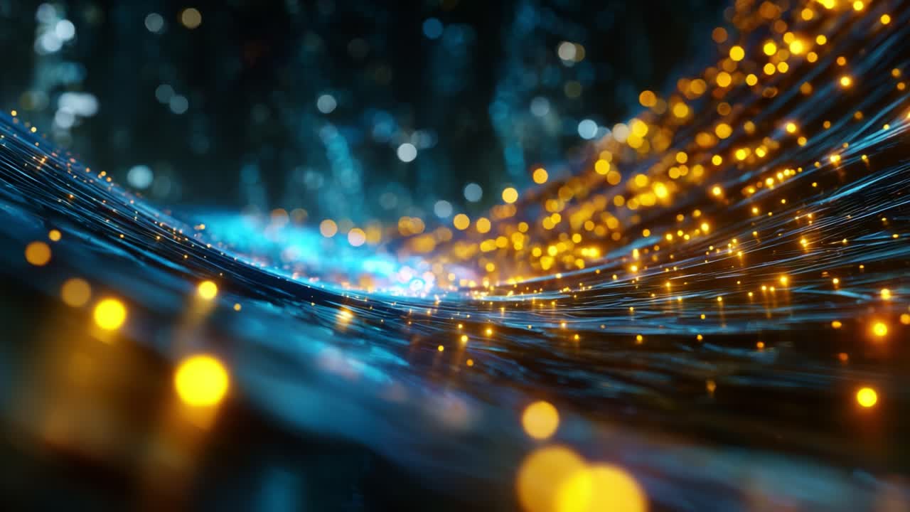 Uno spettacolo ipnotico di vivaci onde di luce blu e dorata che fluiscono insieme, creando un'atmosfera incantevole piena di particelle luminose e movimento dinamico