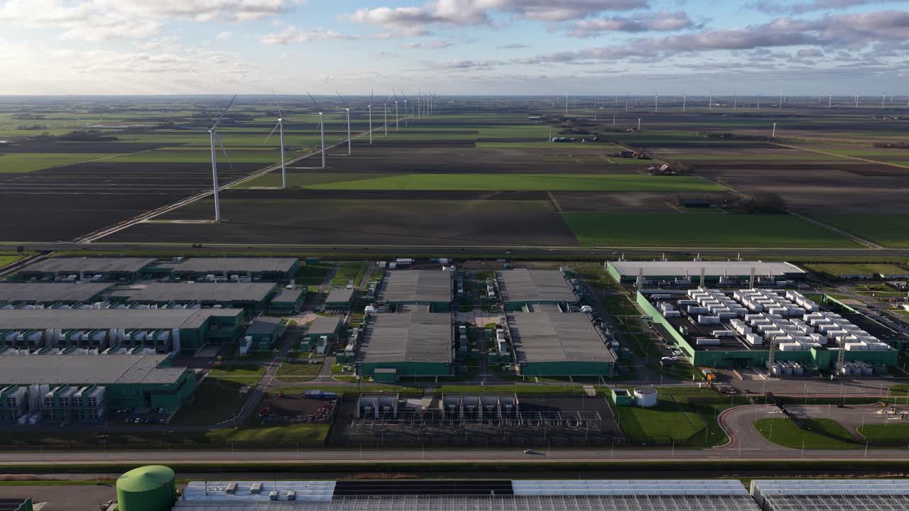 European hyperscale datacenter in The Netherlands with AI and cloud computing aerial drone video
