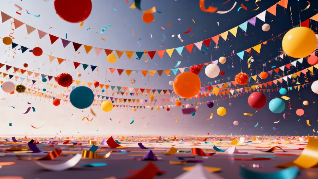 Wiegende decoratie in het decor, briesje beweegt slingers, ballonnen, pompons, confetti en gevouwen papier