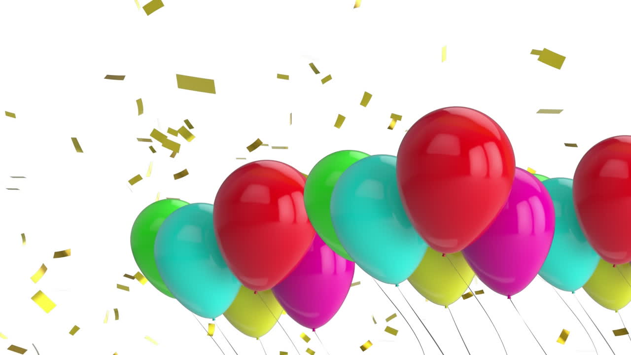 animación de confeti dorado que cae en globos de colores, con fondo blanco