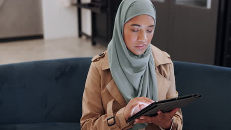 Islamic-woman,-tablet-and-with-smile-being-happy