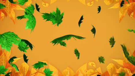 Animation-of-multiple-autumn-leaves-falling-on-brown-background