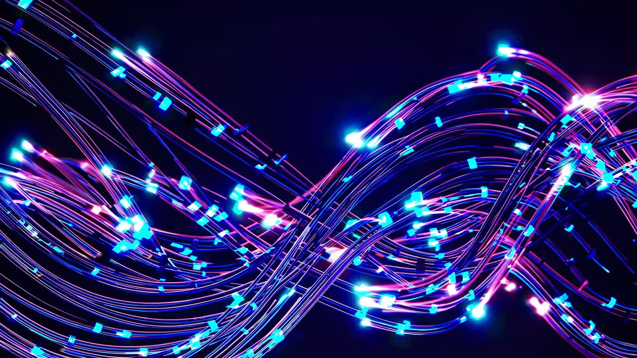 Dynamic video concept with a close-up angle of vibrant, flowing fiber optic cables against a dark