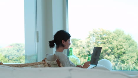 Peaceful-Remote-Work-Setting:-Woman-with-Laptop-Overlooking-Nature