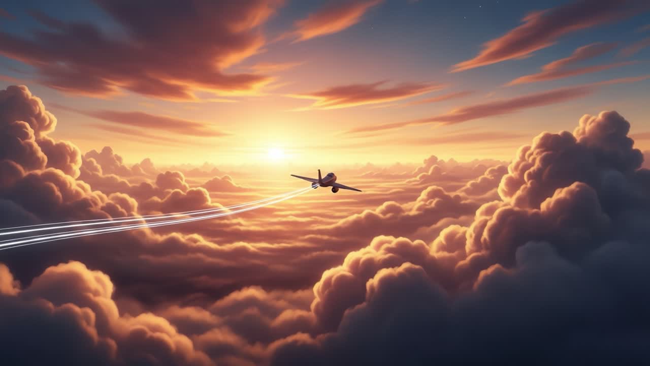 Airplane Flying Above Clouds at Sunset