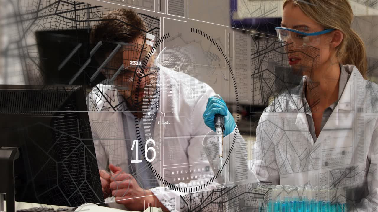 Data entry starting HUD overlaying readouts woman using pipette while man checking PC guiding assay