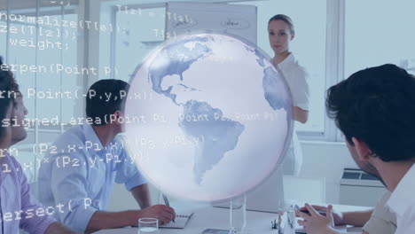 animation of globe with data processing over business meeting in background