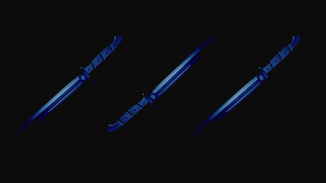 Knives on the dark background and in blinking red and blue light rotate in slowmotion