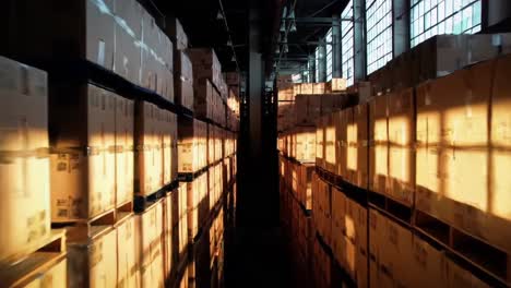 a glimpse inside a warehouse: exploring the aisles of stacked cardboard boxes bathed in sunlight, showcasing the intricacies of storage and organization