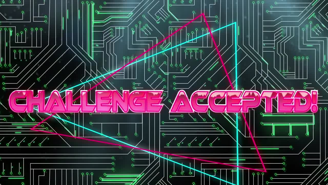 마이크로프로세서 연결에 대한 네온 삼각형 위의 도전 수락 텍스트의 디지털 애니메이션