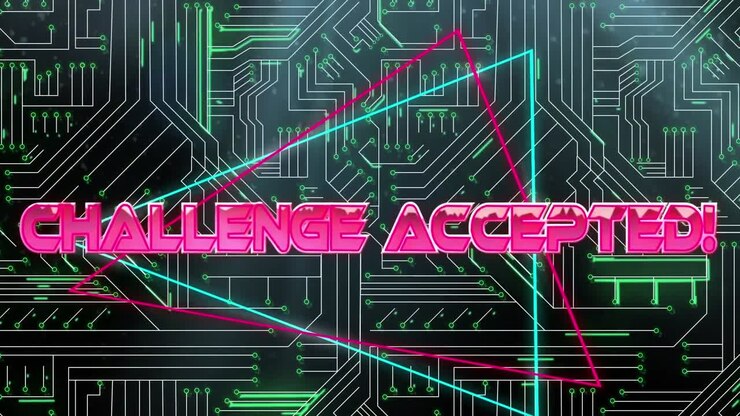 Digital animation of challenge accepted text over neon triangles against microprocessor connections