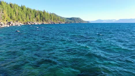 flying over wind and waves at lake tahoe searching over clear blue turquoise water and rocky shoreline with pine tree forest - aerial drone shot