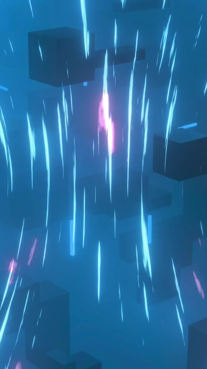 Animation of 3d cubes with flying lights and blue background