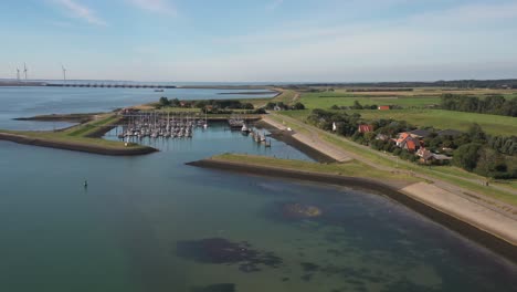 aerial shot of a marina on the dutch coast on a sunny day