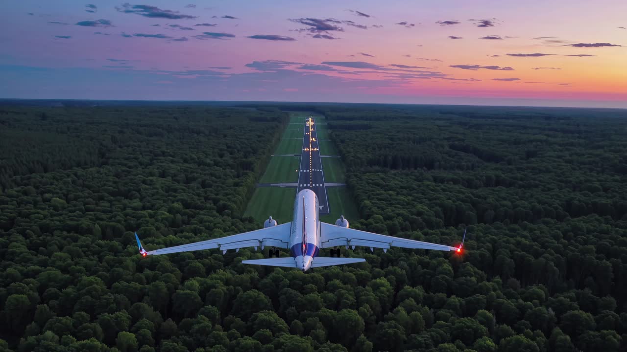 Aerial video captures a plane approaching a runway over a lush forest at sunset
